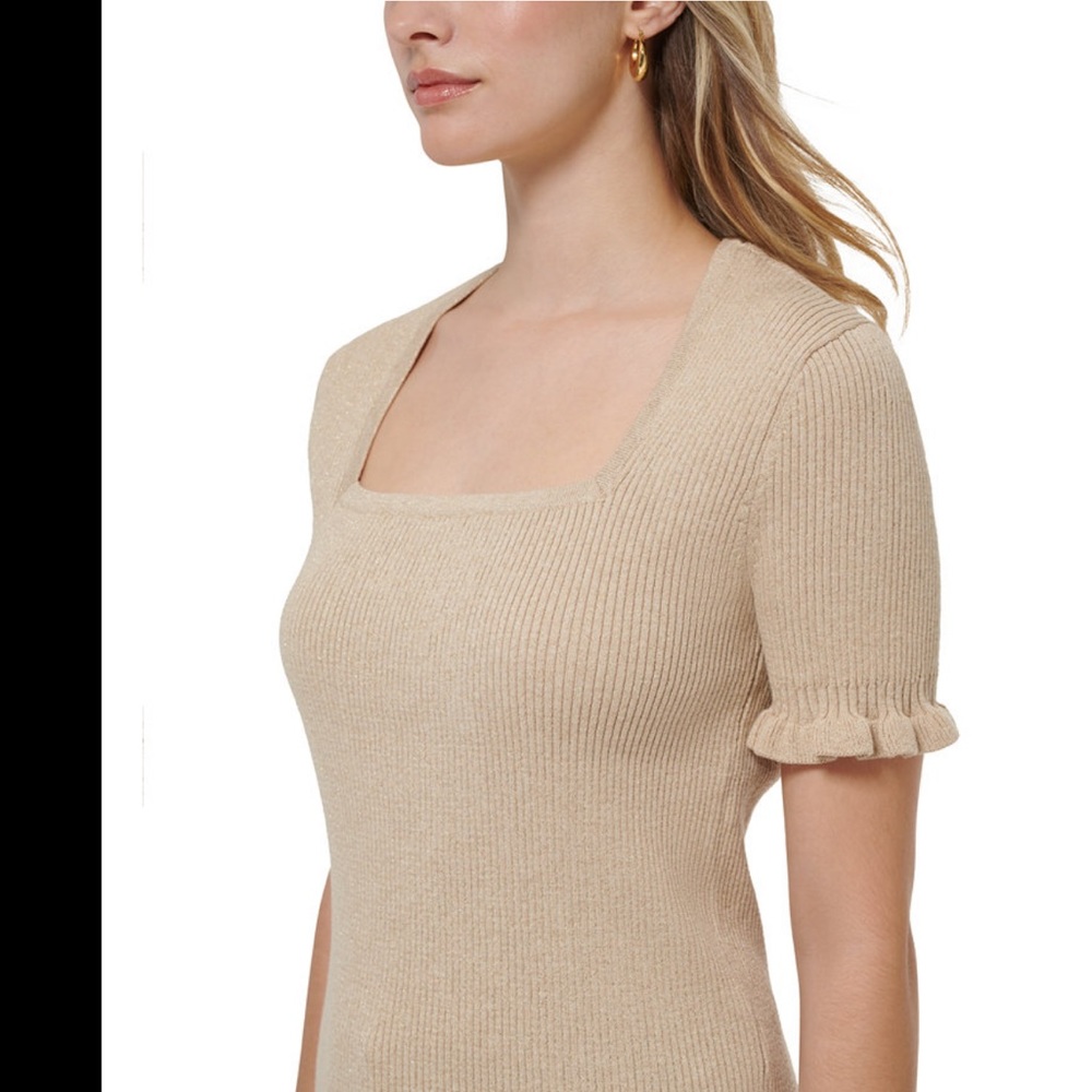Tommy Hilfiger Fawn Metallic Square Neck Ruffled-Cuff Ribbed Sweater - XL - Picture 2 of 12
